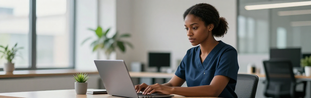 Healthcare professional typing on a laptop with Windows and Copilot icons