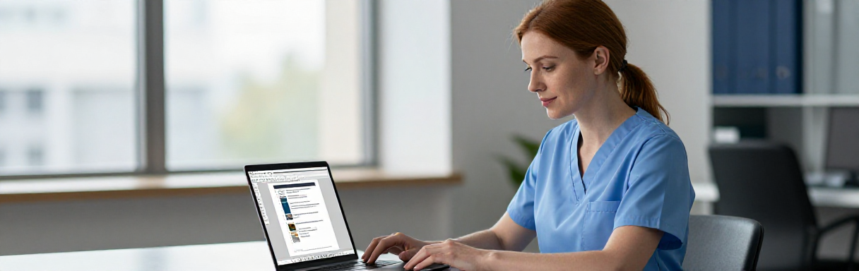 Healthcare worker at a computer with Microsoft Word template gallery