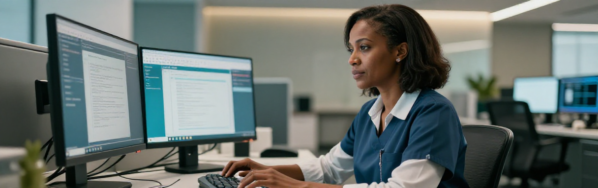 Healthcare worker at a computer with Windows applications
