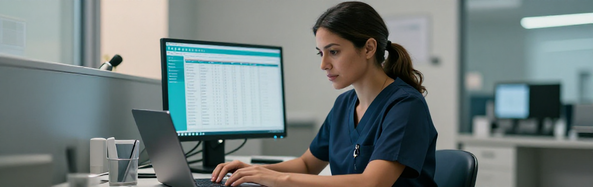 Healthcare worker typing medical data on a laptop with patient records on screen