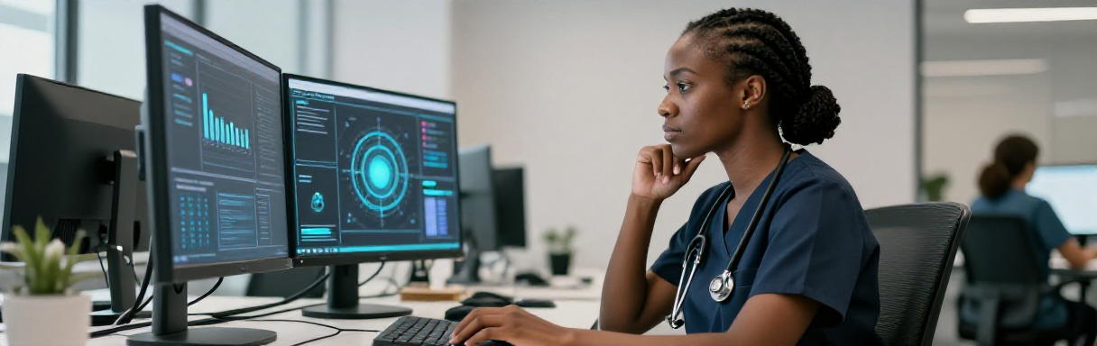 Healthcare worker at a computer with a cybersecurity shield and padlock icon