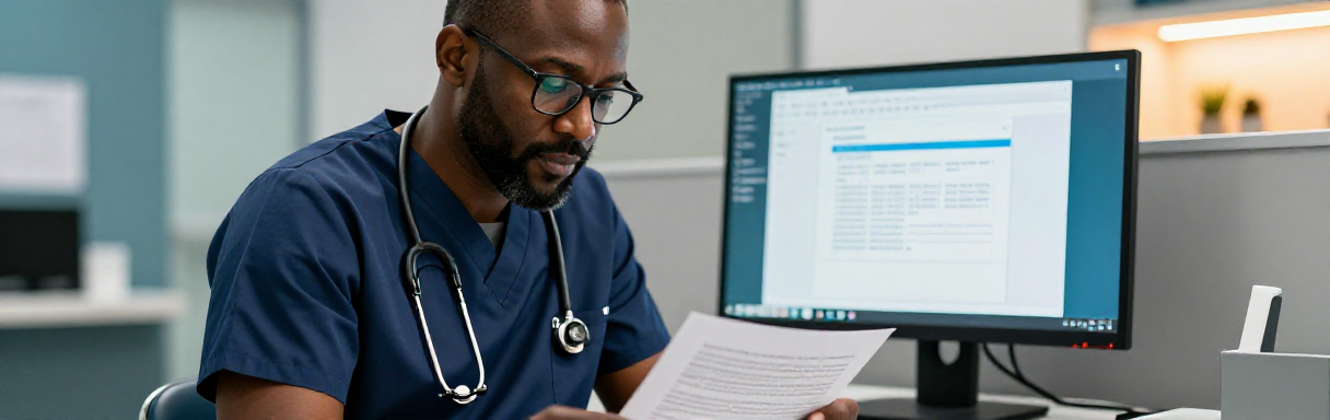Healthcare worker reviewing a formatted document at a desk