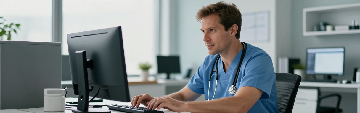 Healthcare worker typing at a workstation with a speed gauge icon