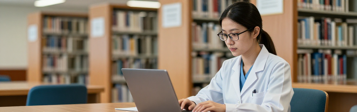 Healthcare student in a library with an academic research paper on screen