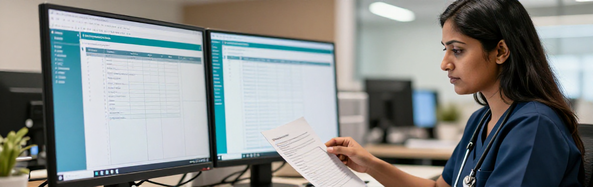Healthcare worker reviewing a document with headers and page elements on screen