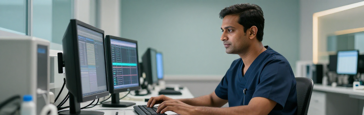 Healthcare professional typing at an EHR workstation with a trophy achievement icon
