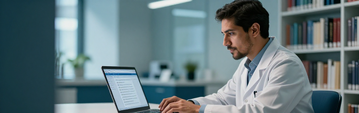 Healthcare professional at a laptop with a search engine interface on screen