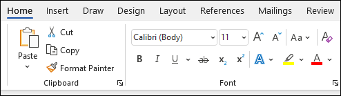 The Home tab in Microsoft Word showing font formatting options such as bold, italic, underline, and font size