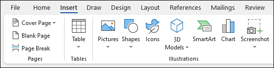 The Insert tab in Microsoft Word showing options for tables, pictures, shapes, and other items