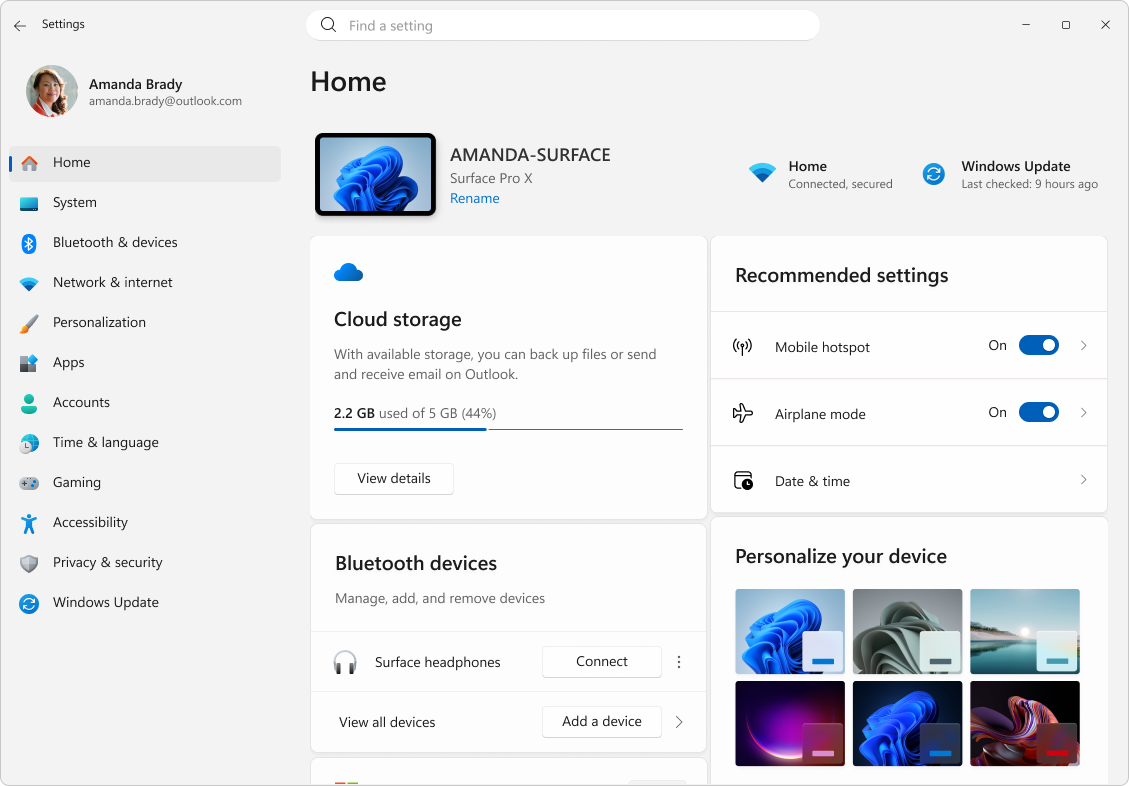Windows Settings Home page