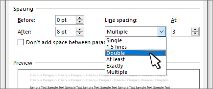 Line spacing options dropdown showing 1.0, 1.15, 1.5, 2.0, and other spacing choices