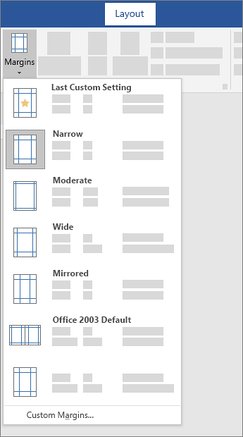 Word margins dropdown showing Normal, Narrow, Moderate, and Wide presets