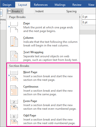 Section break options on the Layout tab showing Next Page, Continuous, Even Page, and Odd Page