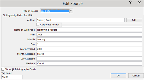 Edit Source dialog box for citations