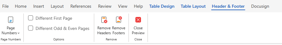 Header and Footer options in ribbon