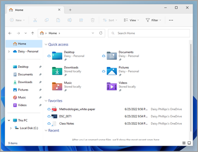 Default Windows 11 folders including Desktop, Documents, Downloads, and OneDrive