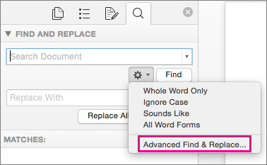 Find and Replace dialog box in Microsoft Word