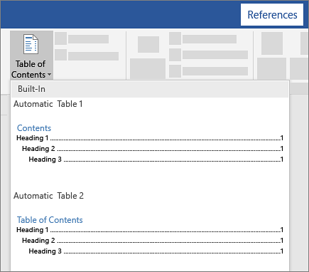 Table of Contents options on the References tab in Microsoft Word